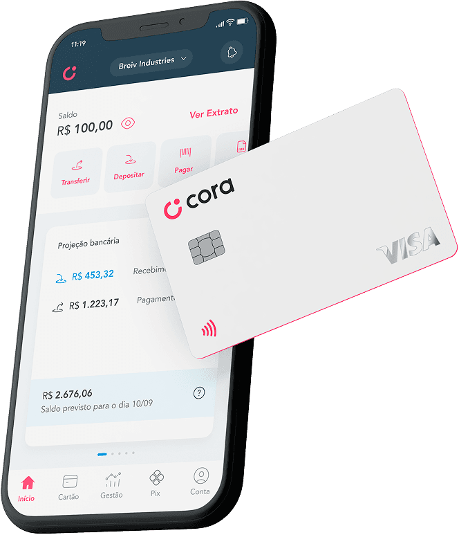 Celular na mão de um empreendedor com o aplicativo Cora