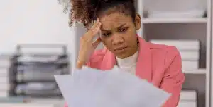 Mulher com cara de preocupação analisa documentos, em artigo sobre contestação de pagamento.