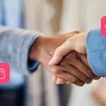 Fotomontagem de mãos de pessoas que estão se cumprimentando, com ícones de agenda e finanças ao redor, para ilustrar artigo sobre factoring.