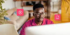 Fotomontagem de homem olhando para a tela do computador, com ícones de pagamento ao seu redor, ilustra artigo sobre fim do débito automático de boletos entre diferentes bancos