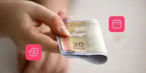 Fotomontagem de mão segurando diversas notas de reais, com ícones de calendário e finanças para ilustrar artigo sobre antecipação automática de recebíveis.