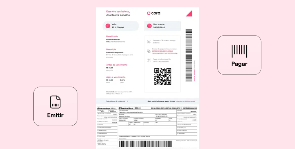 Imagem de um boleto da Cora ilustra artigo sobre como emitir boleto de graça.