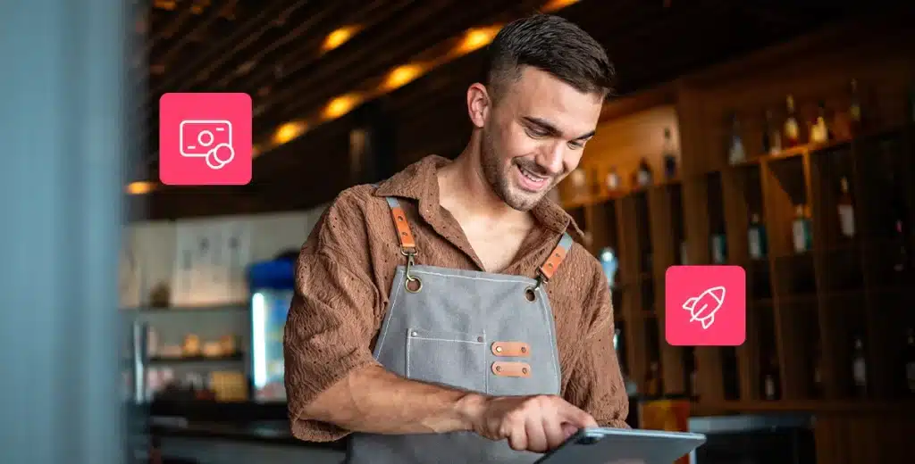 Fotomontagem de homem no trabalho utilizando seu tablet e com ícones que representam crédito e rapidez ao seu redor, em imagem que ilustra artigo sobre linhas de crédito.