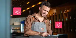 Fotomontagem de homem no trabalho utilizando seu tablet e com ícones que representam crédito e rapidez ao seu redor, em imagem que ilustra artigo sobre linhas de crédito.