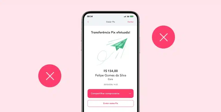Fotomontagem da tela de um smartphone após um Pix efetuado no app da Cora, para ilustrar artigo sobre cancelar Pix.