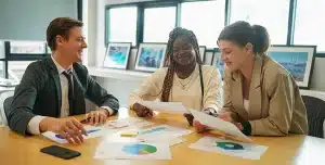 Três pessoas sentadas à mesa analisando documentos impressos com gráficos, em um ambiente de escritório.