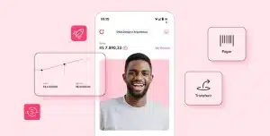 Fotomontagem com a tela de um smartphone, o app da Cora e a imagem de um homem sorrindo, rodeado por gráficos e ícones financeiros. ilustra artigo sobre conta PJ integrada ao sistema de cobrança da empresa.