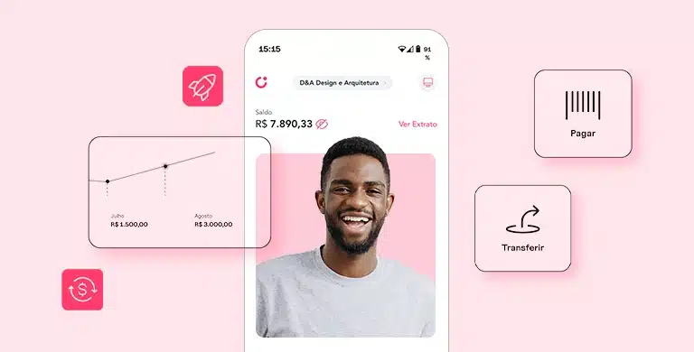 Fotomontagem com a tela de um smartphone, o app da Cora e a imagem de um homem sorrindo, rodeado por gráficos e ícones financeiros. ilustra artigo sobre conta PJ integrada ao sistema de cobrança da empresa.